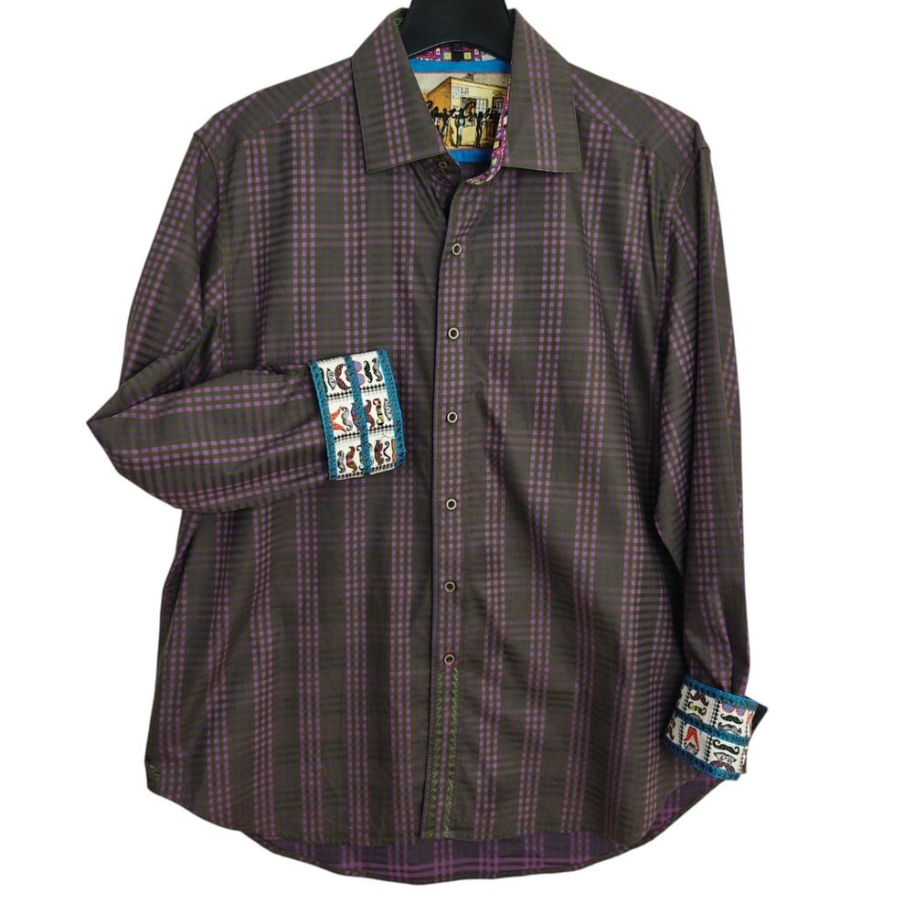 Robert Graham Button Front Shirt Size 2XL Purple Grid Check Mustache Flip Cuffs